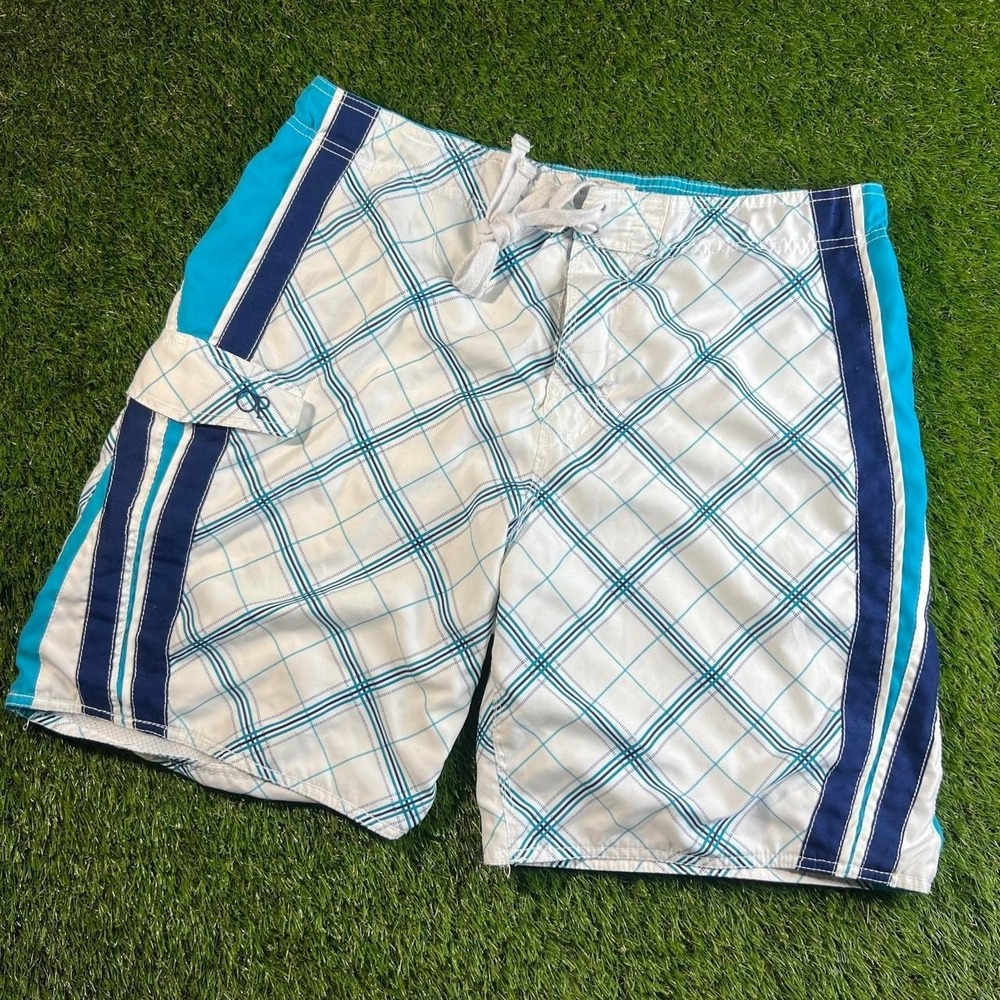 OP Ocean Pacific Plaid Swim Trunks Blue White Mesh Lined Mens Large 36 38 Surf